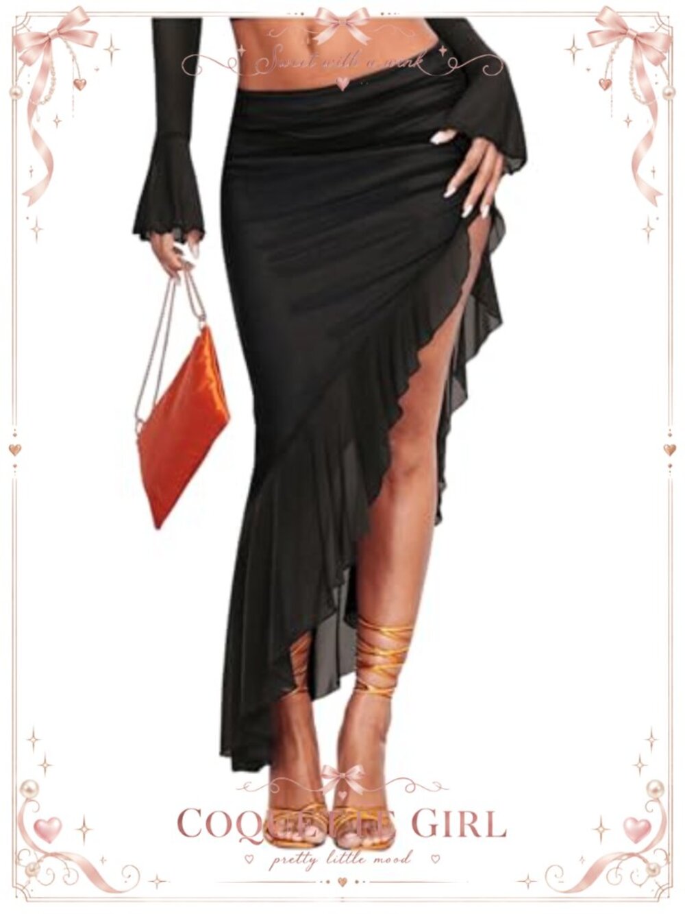 Women's Asymmetrical Hem Mesh Skirt Ruffle High Waisted Long Slim Fit
